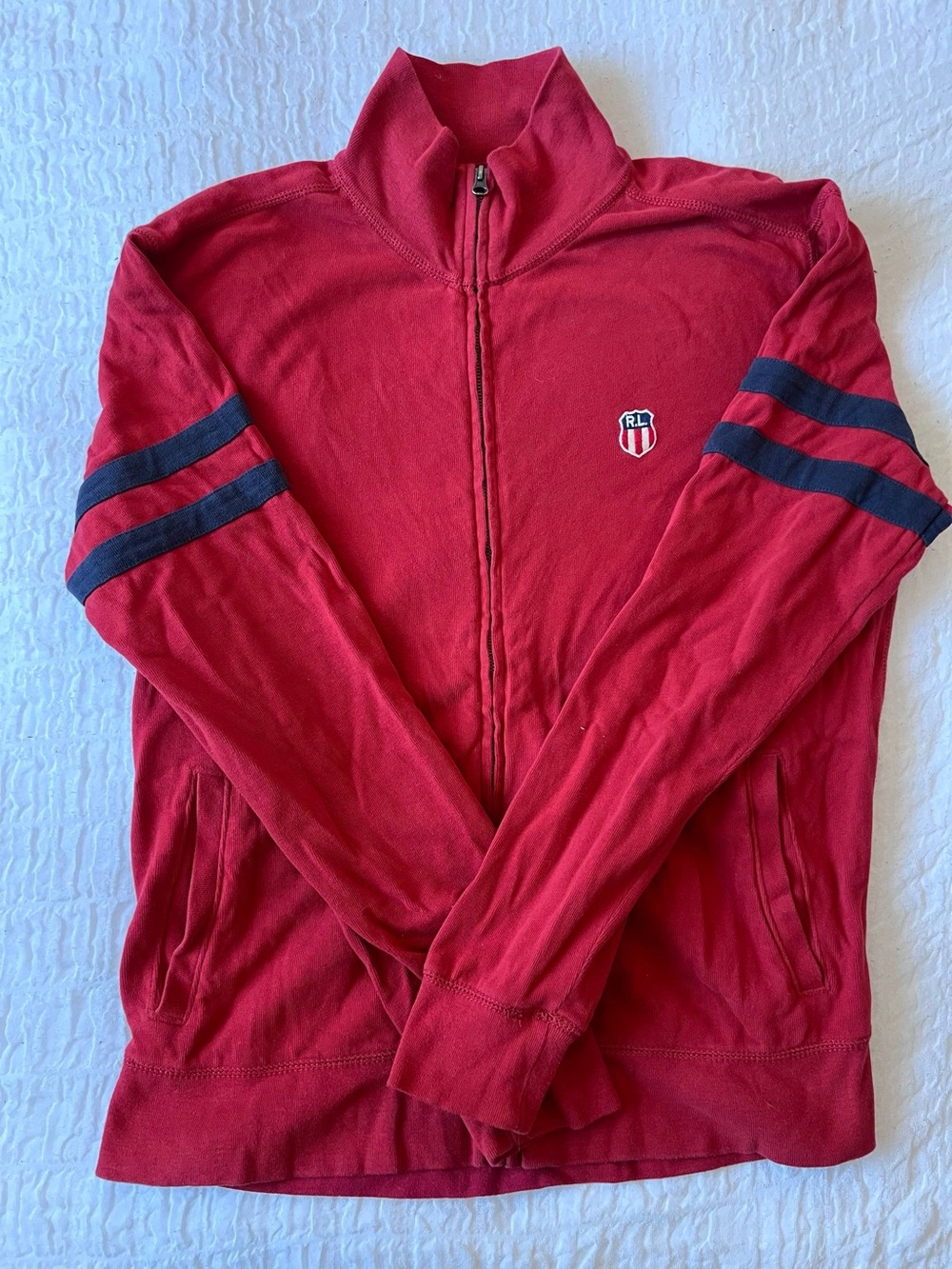 Vintage Polo by Ralph Lauren Red Zip-Up Knit Jacket with Navy Sleeve Stripes